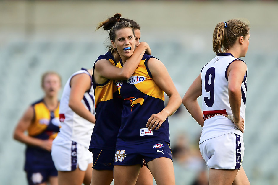 AFL 2016 Rd 03 - Curtain Raiser West Coast v Fremantle PERTH, AUSTRALIA - APRIL 9: Chelsea Randall of the Eagles celebrates a goal during the 2016 AFL Curtain Raiser match between the West Coast Eagles and the Fremantle Dockers at Domain Stadium, Perth on April 9, 2016. (Photo by Daniel Carson/AFL Media)